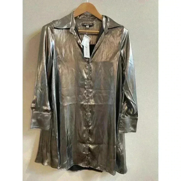 Urban Outfitters Metallic Silver Satin Shirt Mini Dress Button Down Midnight S - Picture 2 of 11